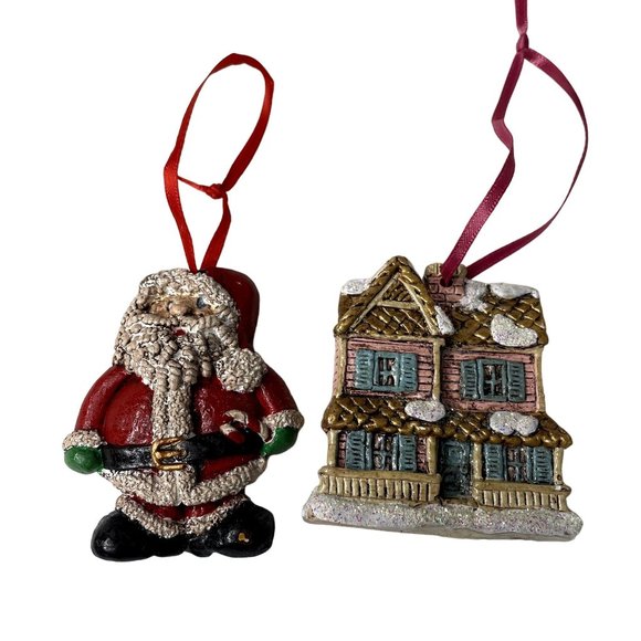 2 Pc Vintage Ornaments Handmade Ceramic Santa and House with Snow 3 x 2 Ea u - Picture 1 of 6
